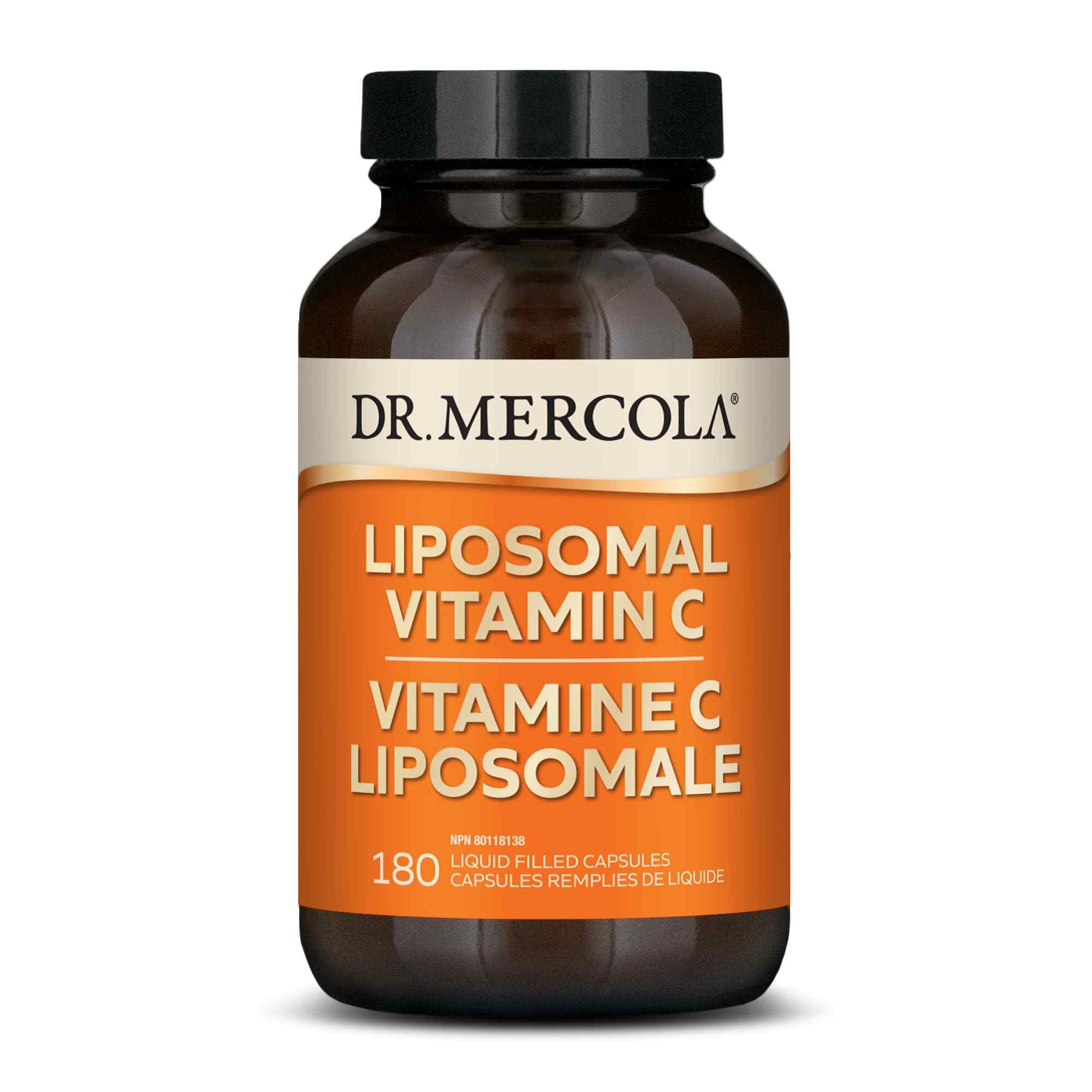 Dr. Mercola Liposomal Vitamin C bottle front promotes immune and antioxidant support.