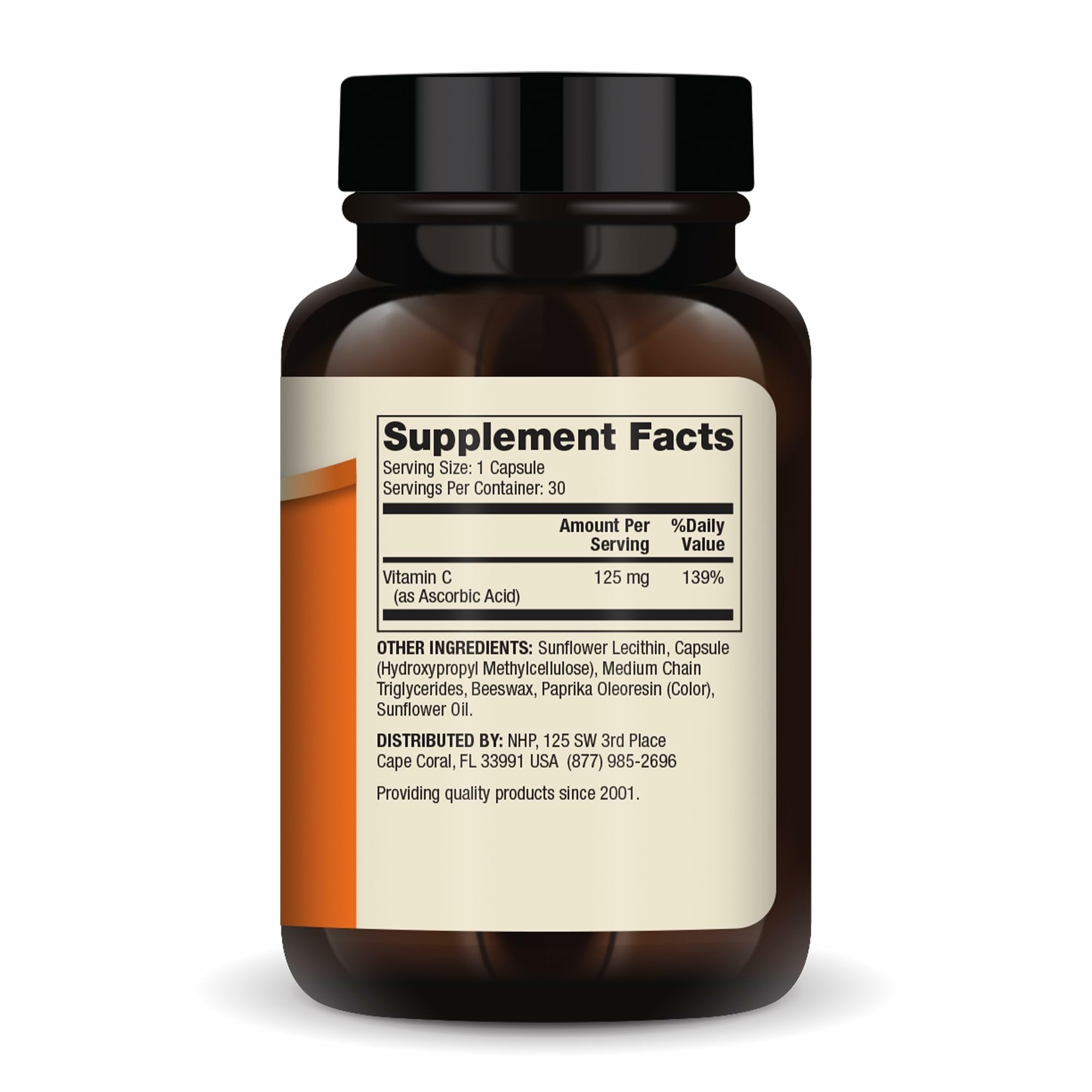 Dr. Mercola Liposomal Vitamin C for Kids bottle back showing non-GMO, gluten-free, soy-free formula.