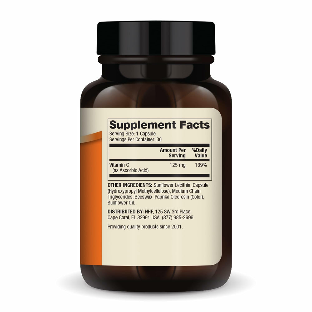 Dr. Mercola Liposomal Vitamin C for Kids bottle back showing non-GMO, gluten-free, soy-free formula.