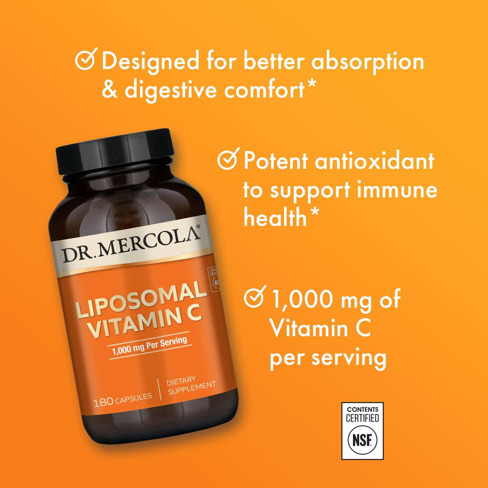 Dr. Mercola Liposomal Vitamin C label shows non-GMO gluten-free soy-free attributes.