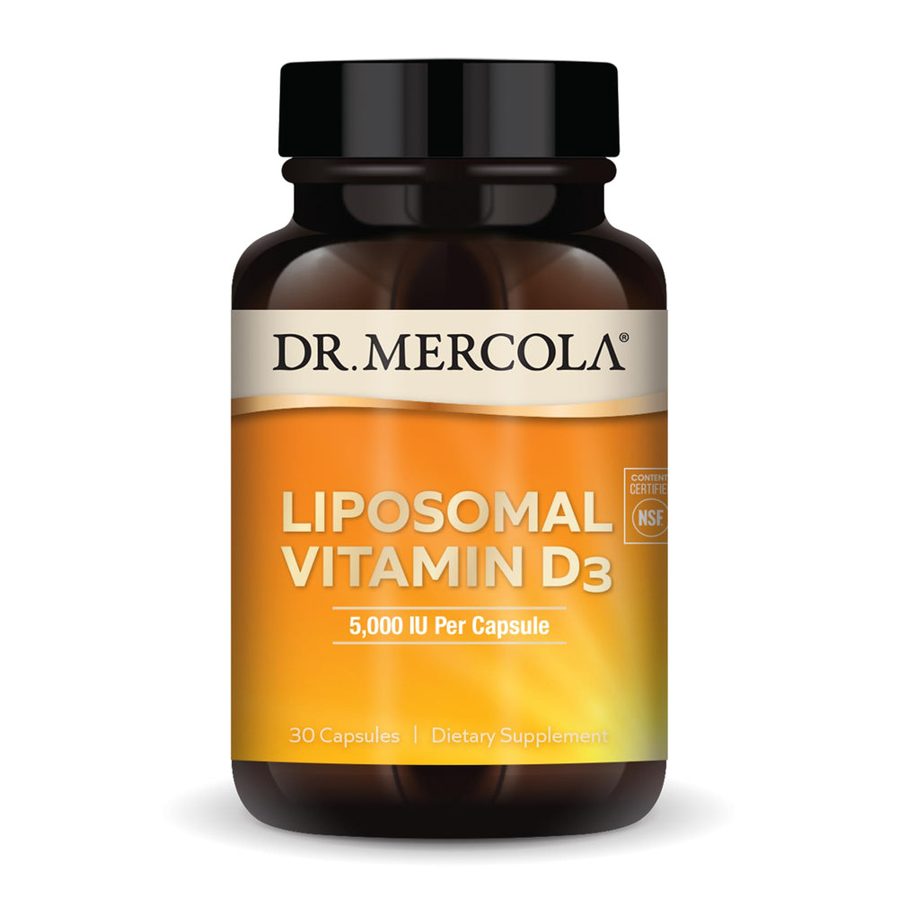 Dr. Mercola Liposomal Vitamin D3 bottle, daily use for potential immune support.