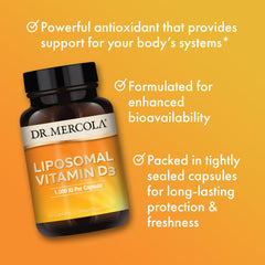 Dr. Mercola Liposomal Vitamin D3 sunflower lecithin illustration highlights clean ingredients.