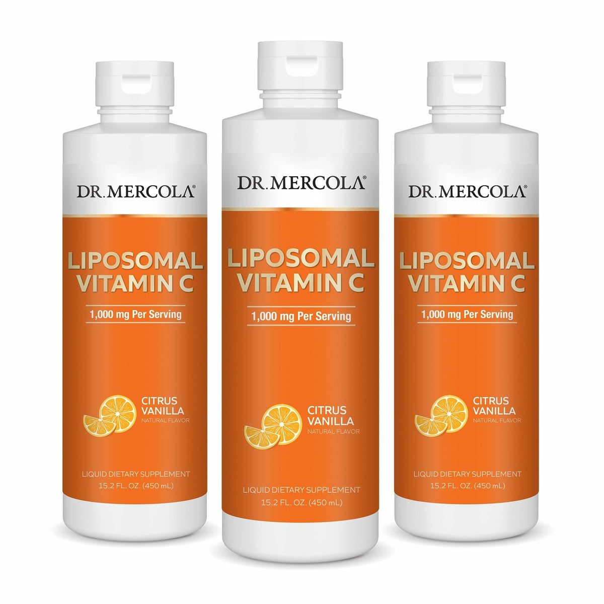 Dr. Mercola Liquid Liposomal Vitamin C bottle pours smoothly for daily antioxidant support.