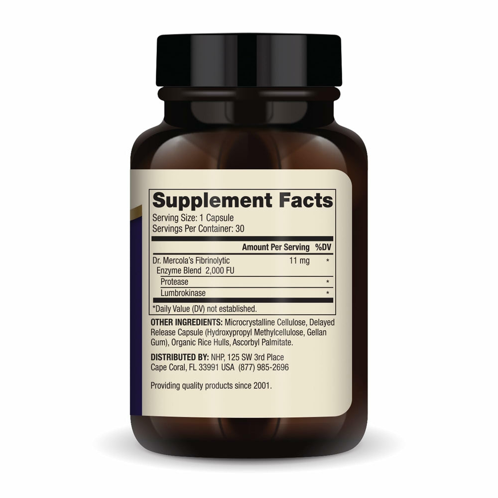 Close-up of Dr. Mercola Lumbrokinase capsules with smooth coating.