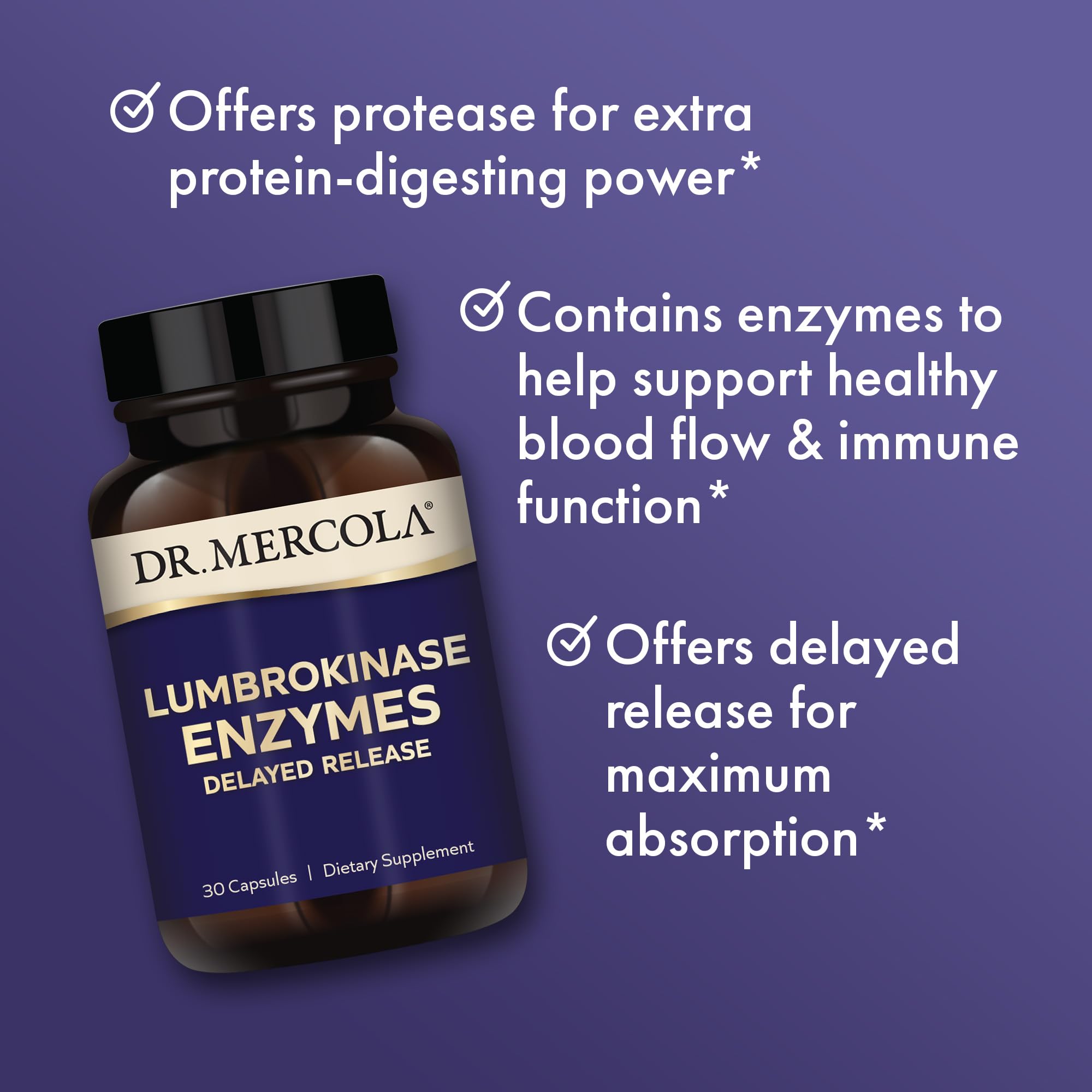 Dr. Mercola Lumbrokinase capsules with dosage cues for daily routine.