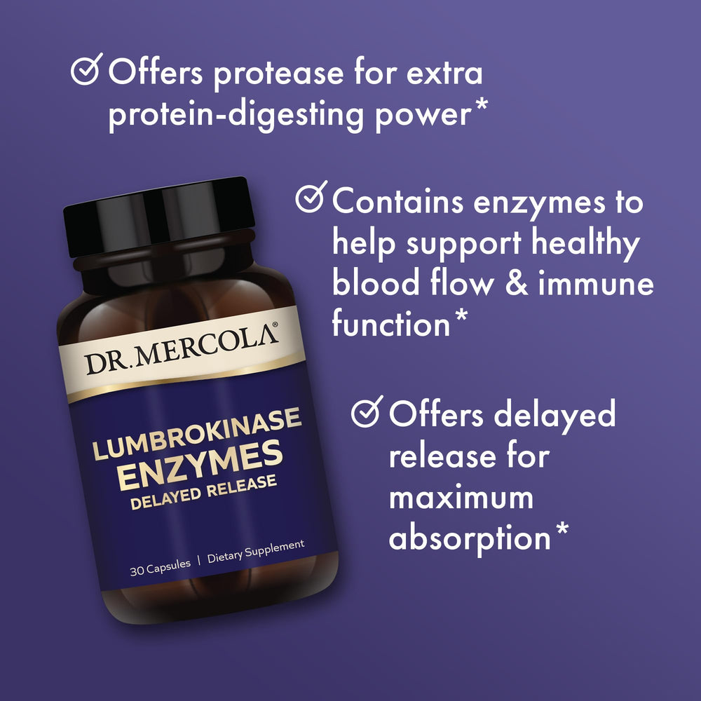 Dr. Mercola Lumbrokinase capsules with dosage cues for daily routine.