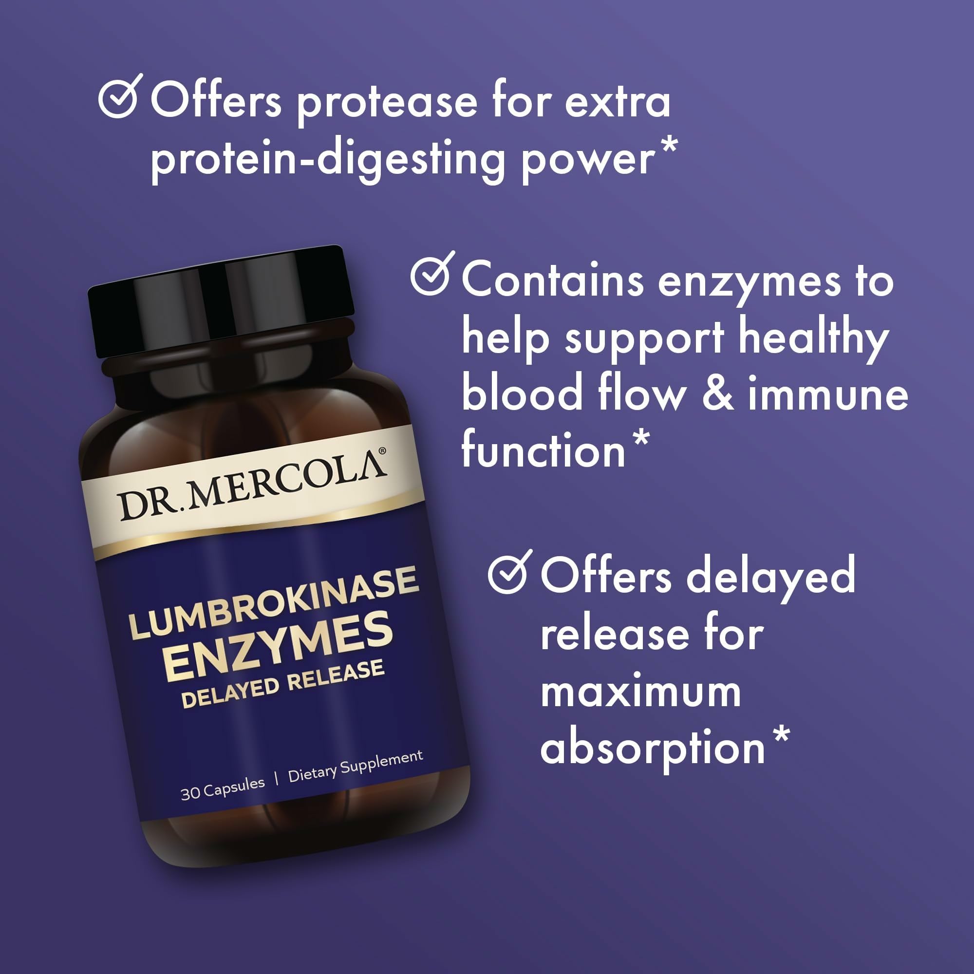 Non-GMO, gluten-free, soy-free Dr. Mercola Lumbrokinase formula details.