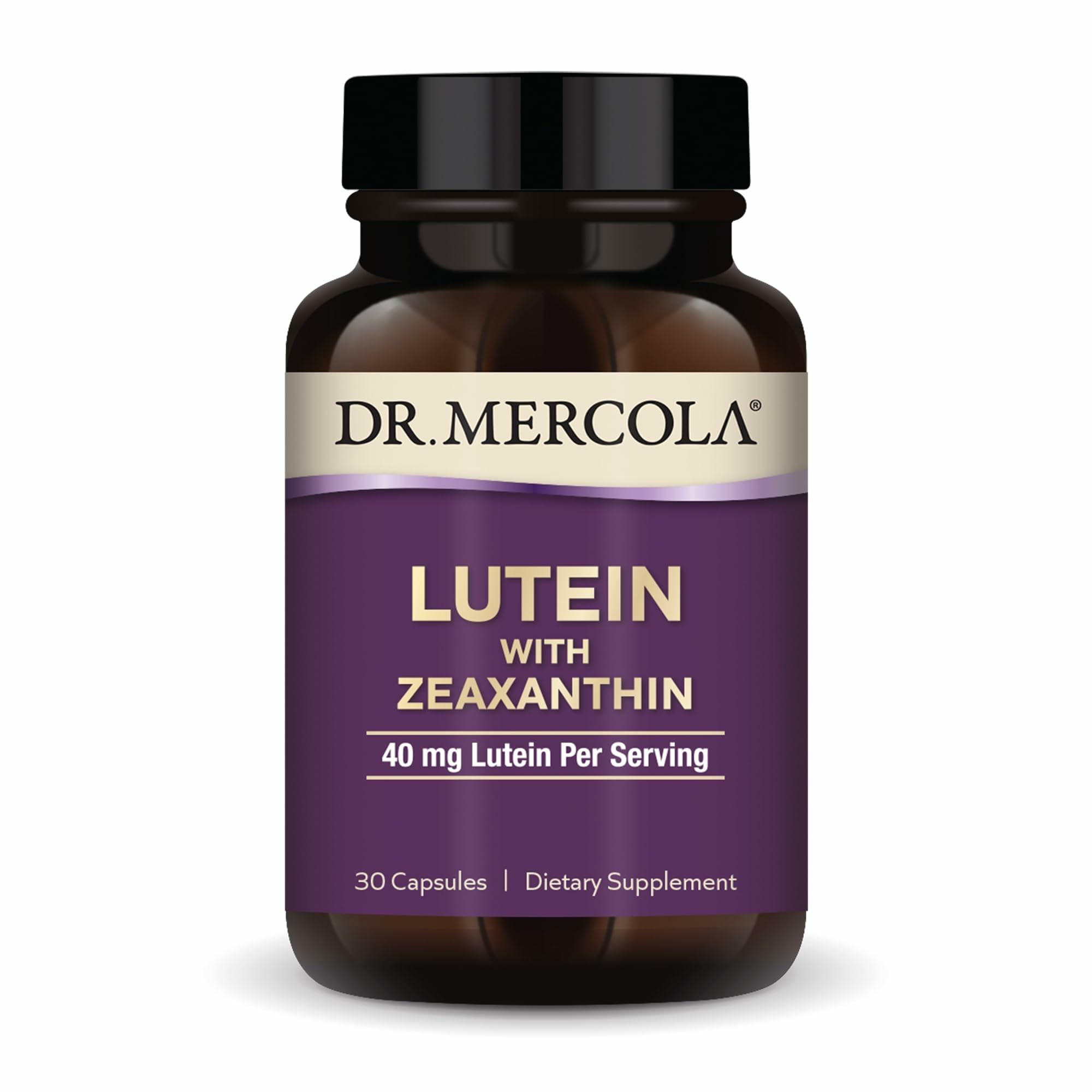 Dr. Mercola Lutein with Zeaxanthin bottle and capsules for daily eye health support.