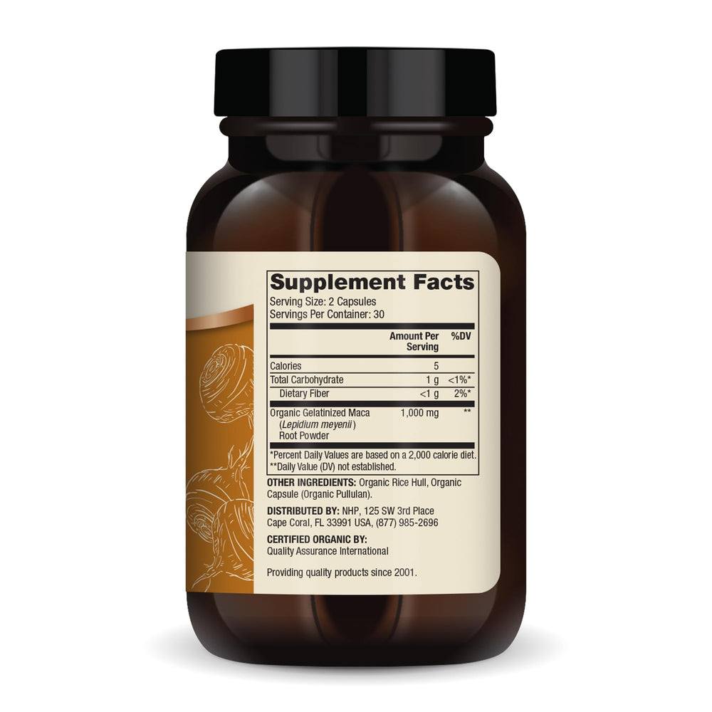 Dr. Mercola Maca capsules closeup showing a gelatinized formula for easy digestion.