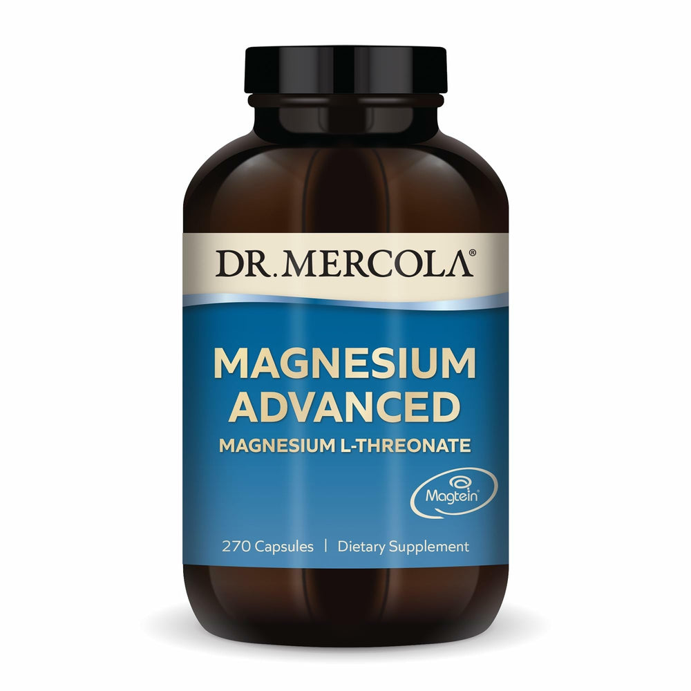 Dr. Mercola Magnesium Advanced bottle front view highlighting rich magnesium formula for daily support.