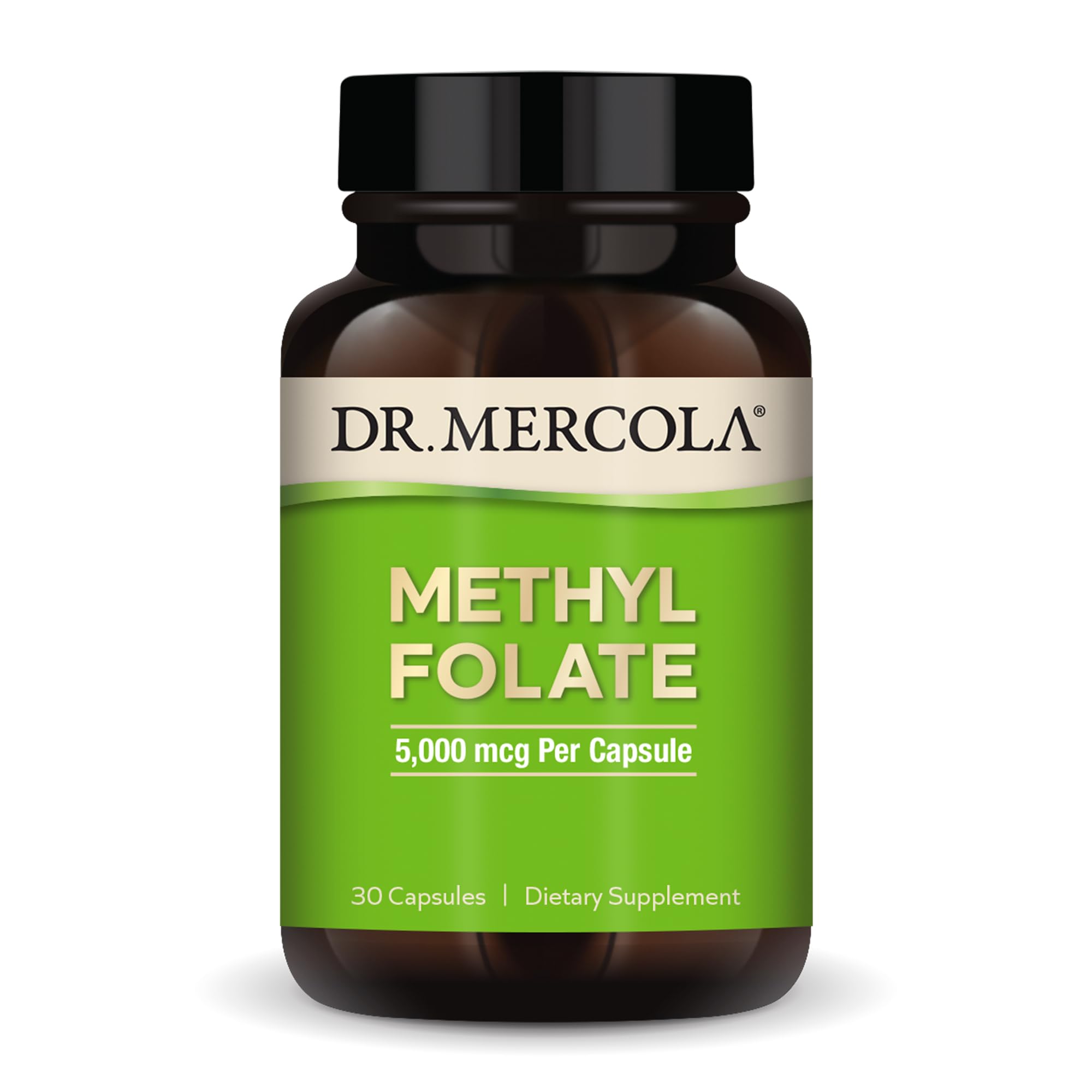 Dr. Mercola Methyl Folate bottle front view for daily cellular health support.