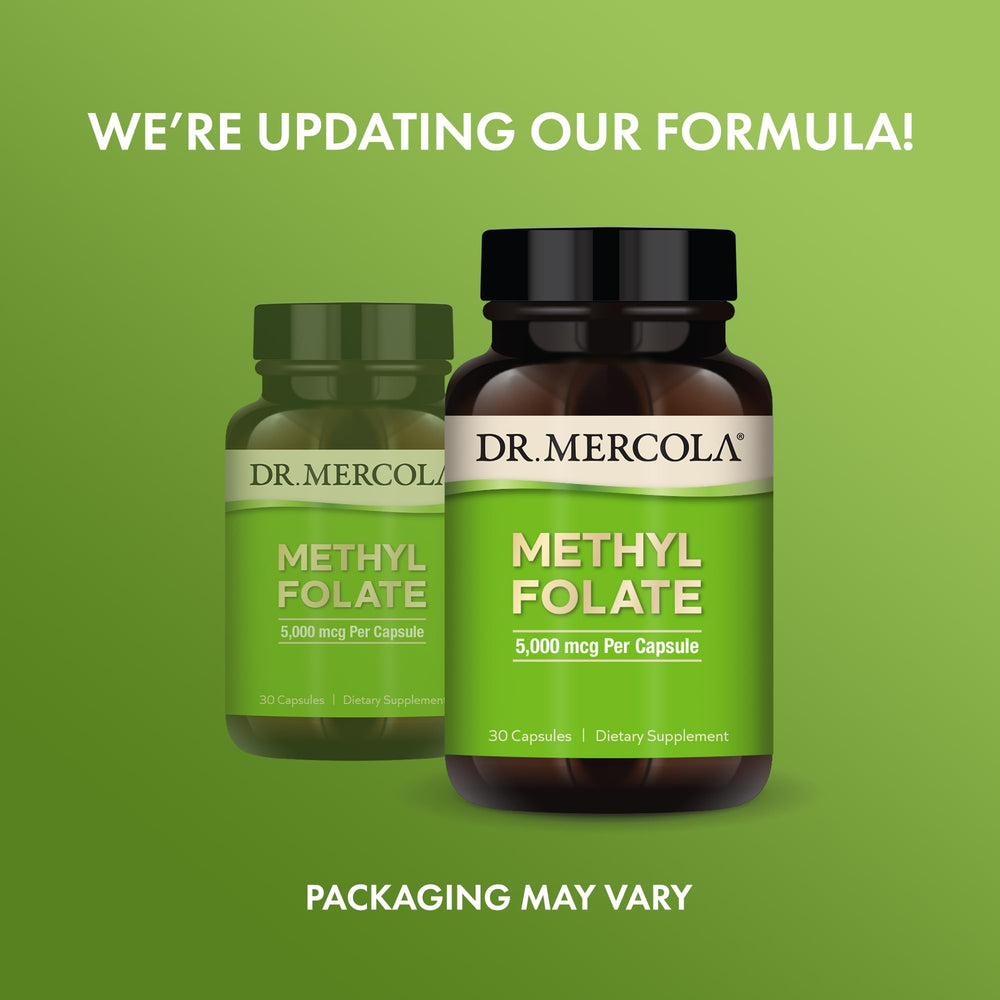 Dr. Mercola Methyl Folate capsules close-up highlighting bioavailable 5 mg MTHF for cellular health.