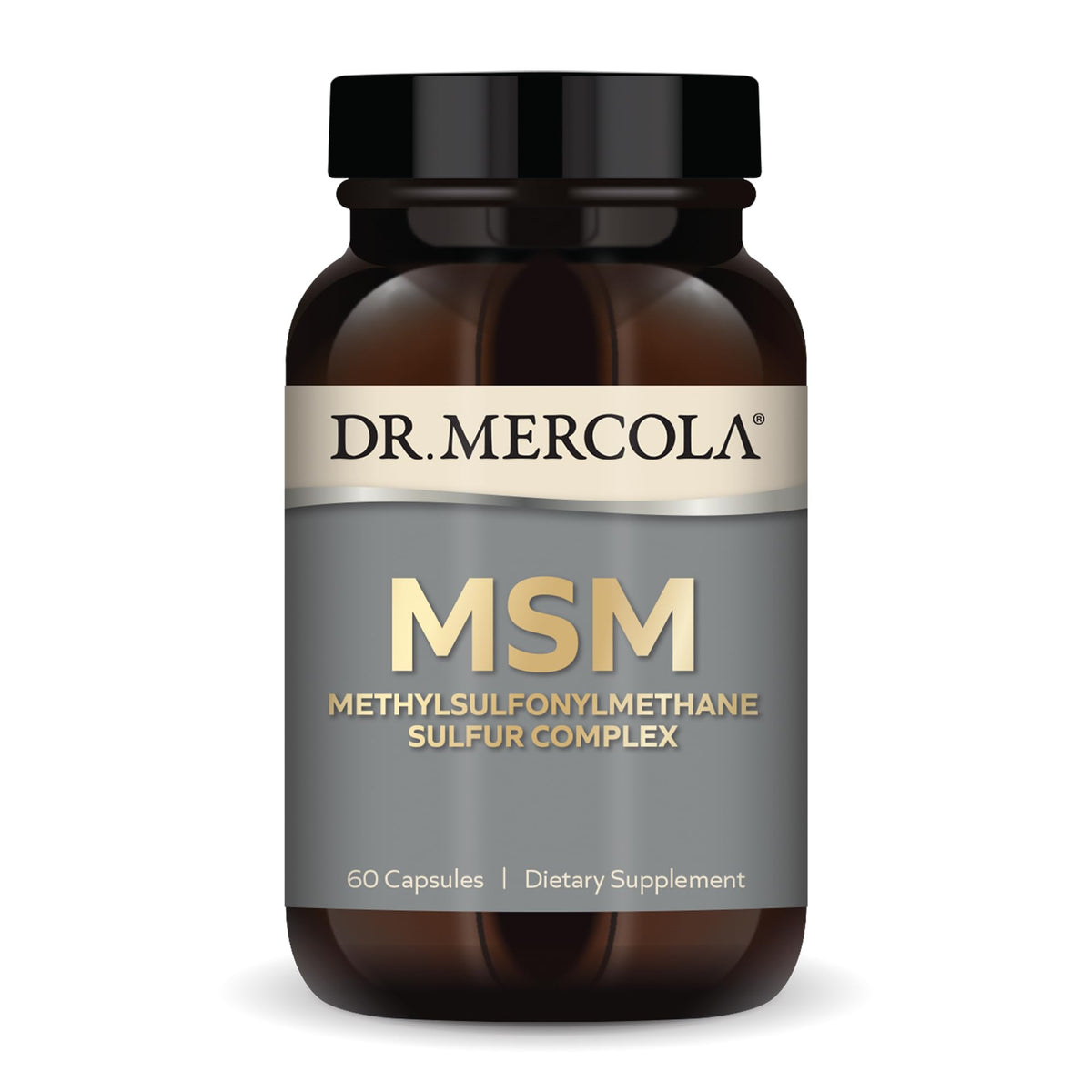 Dr. Mercola MSM Sulphur Complex bottle front for daily use.