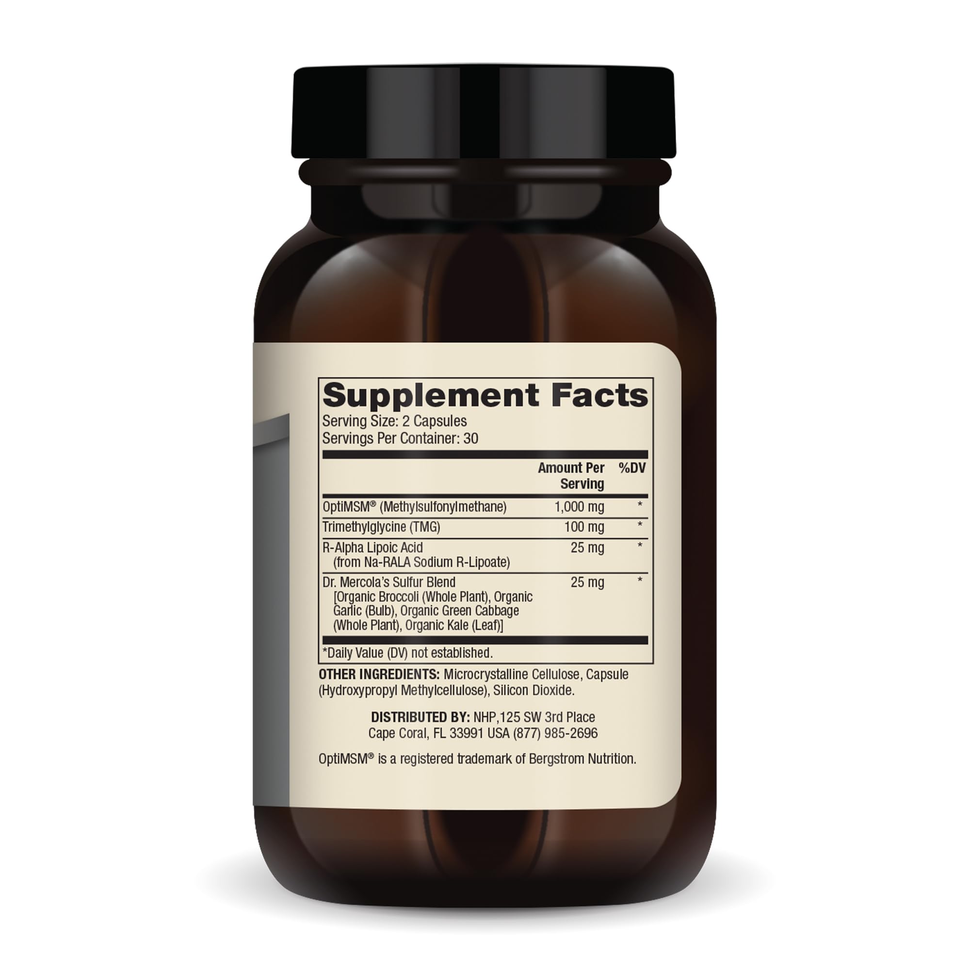 Dr. Mercola MSM Sulphur Complex bottle pouring for easy dosing.