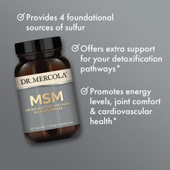 Dr. Mercola MSM Sulphur Complex capsules pack for convenient daily tablets.