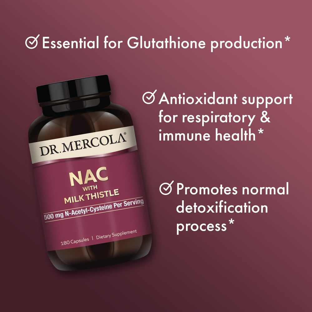 Dr. Mercola NAC with Milk Thistle ingredients panel showcasing Milk Thistle and broccoli sprouts for detox support