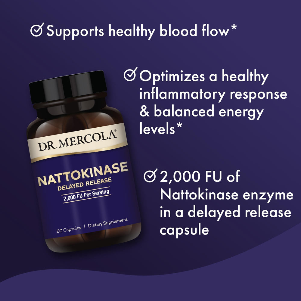 Dr. Mercola nattokinase bottle label emphasizing non-GMO quality and key details.