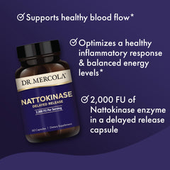 Dr. Mercola nattokinase bottle label emphasizing non-GMO quality and key details.