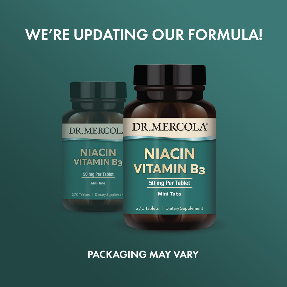 Dr. Mercola Niacin label closeup features a clean, non-GMO formula.