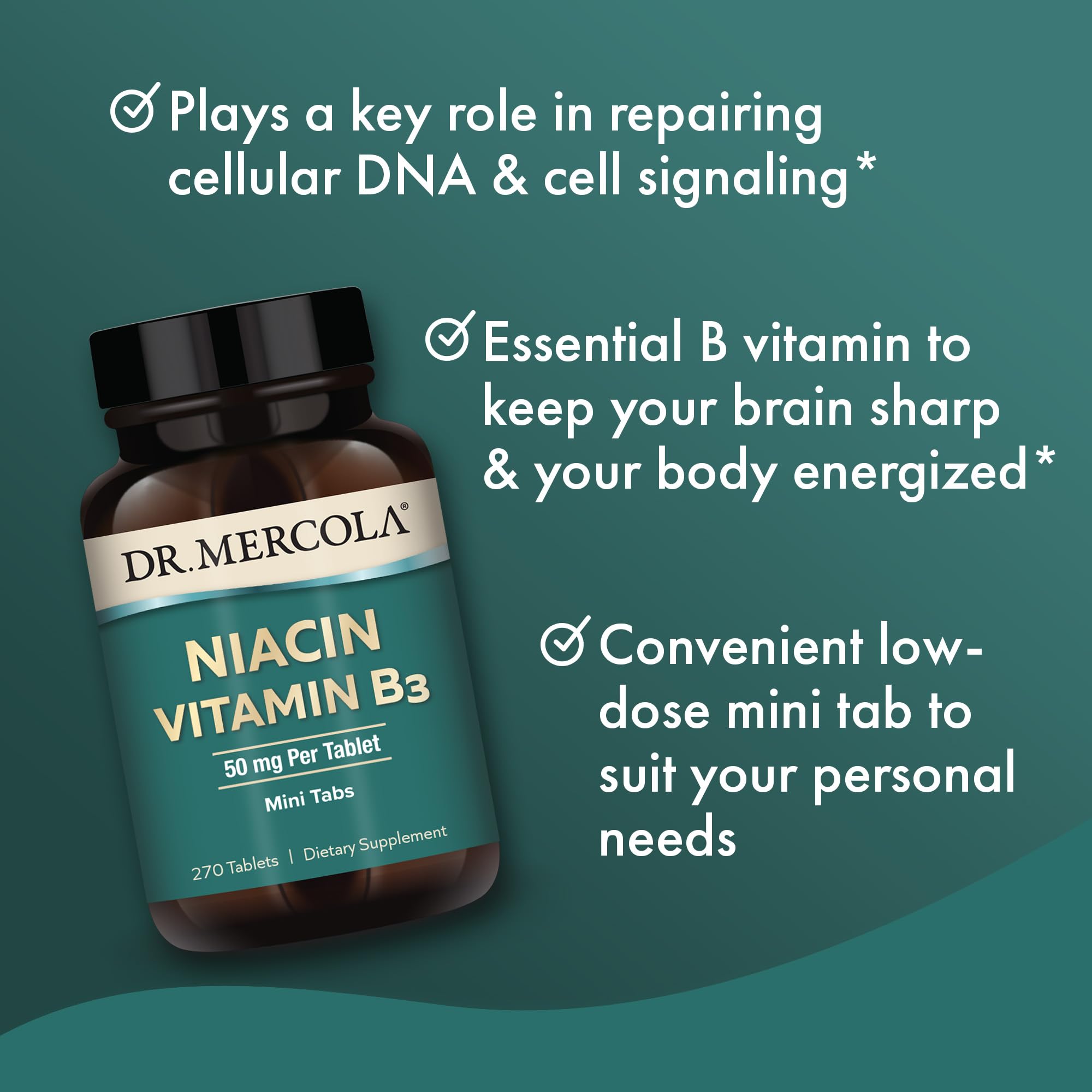 Dr. Mercola Niacin mini tabs packaging emphasizes convenient mini doses.