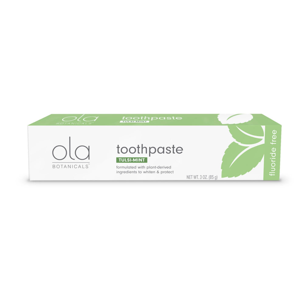 Dr. Mercola Ola Botanicals toothpaste Tulsi-Mint packaging closeup showing natural ingredients.