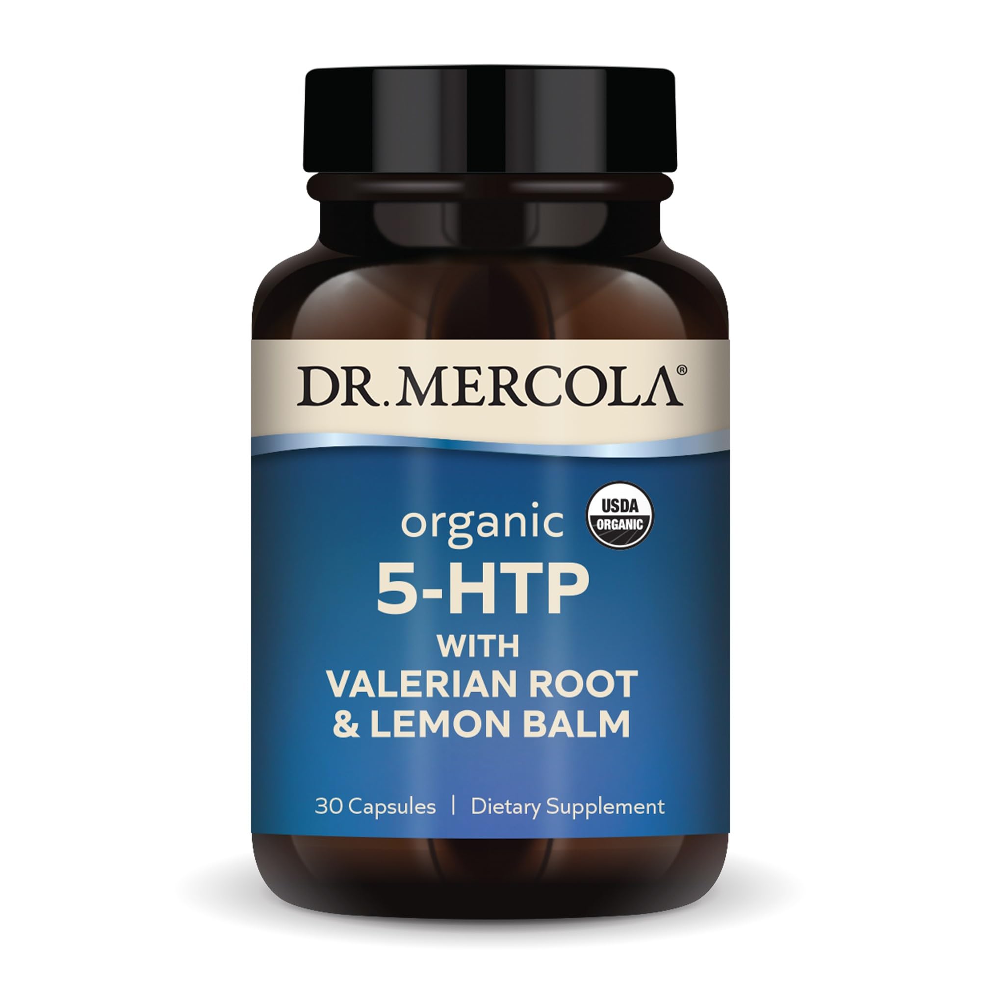Dr. Mercola Organic 5-HTP bottle with valerian and lemon balm for nightly relaxation
