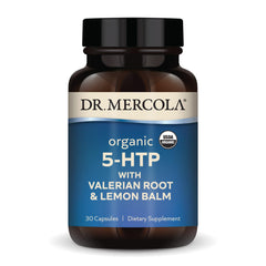 Dr. Mercola Organic 5-HTP bottle with valerian and lemon balm for nightly relaxation