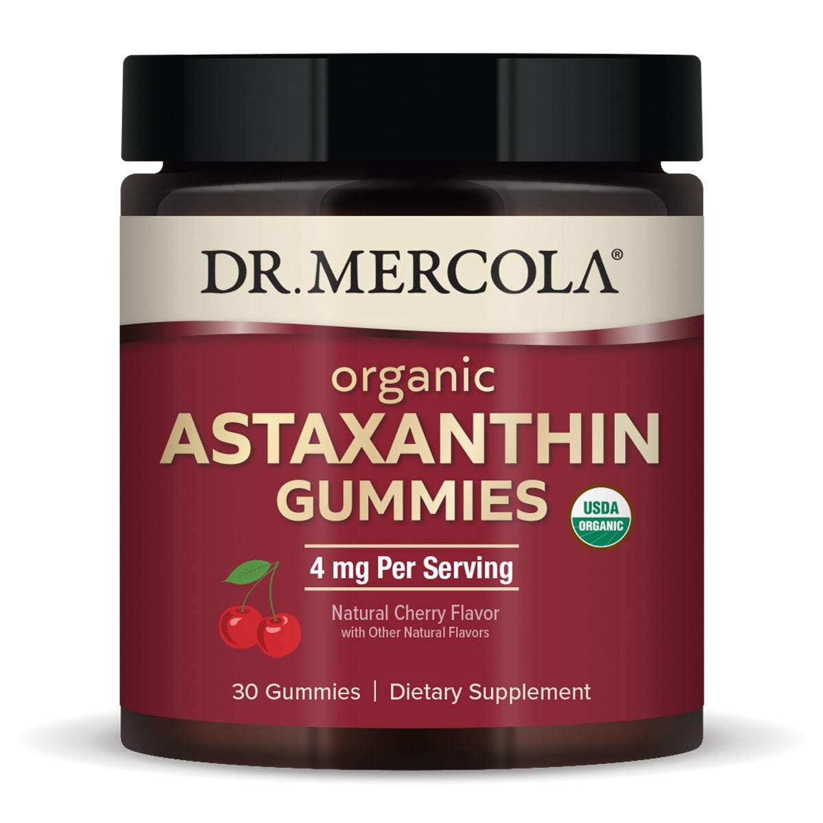 Dr. Mercola Organic Astaxanthin Gummies bottle front label highlighting antioxidant support for immune and skin health.