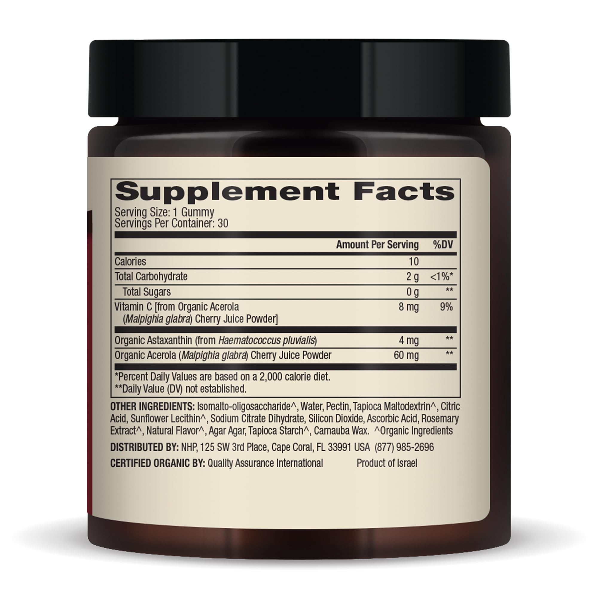 Dr. Mercola Organic Astaxanthin Gummies bottle side panel showing 4 mg per serving.