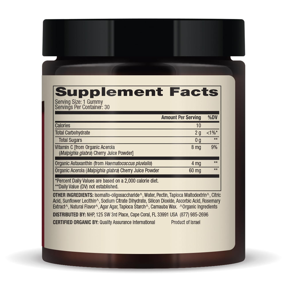 Dr. Mercola Organic Astaxanthin Gummies bottle side panel showing 4 mg per serving.