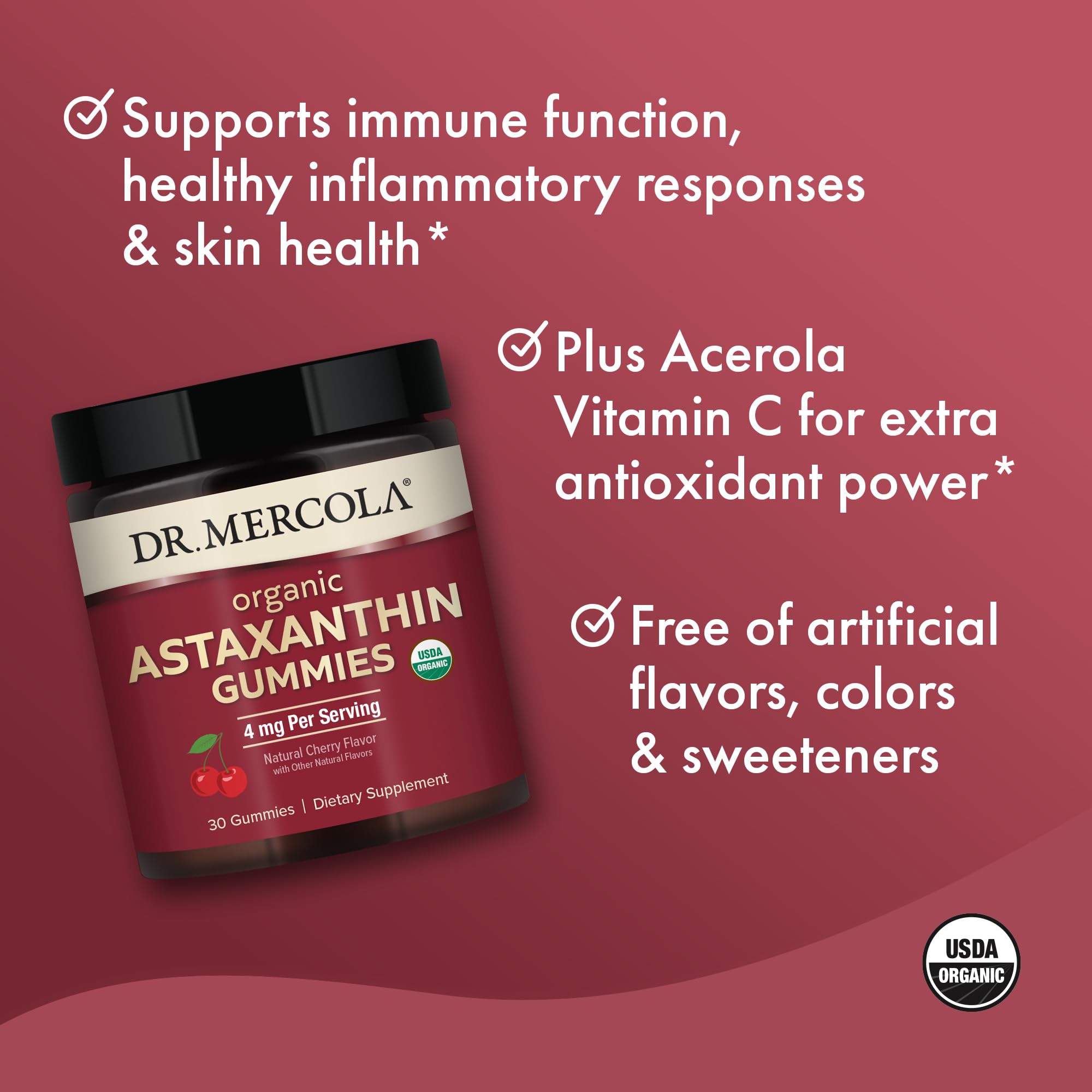 Ingredients highlight: organic astaxanthin from microalgae and acerola cherry.