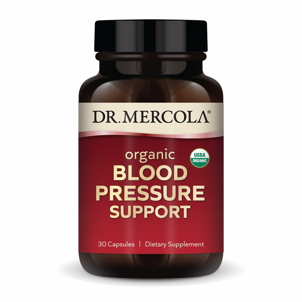 Dr. Mercola Organic Blood Pressure Support bottle highlighting grape seed extract for healthy circulation.