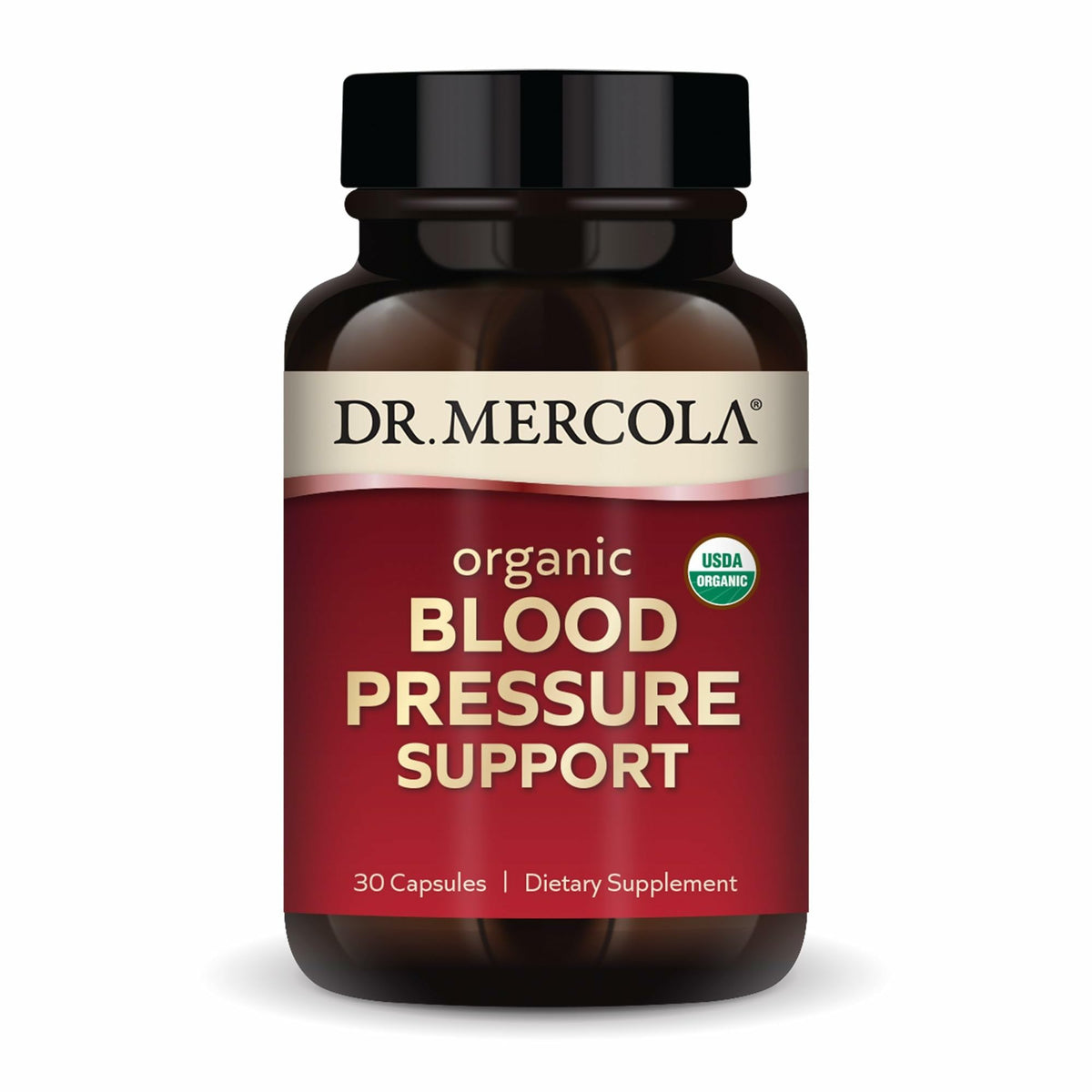 Dr. Mercola Organic Blood Pressure Support bottle highlighting grape seed extract for healthy circulation.