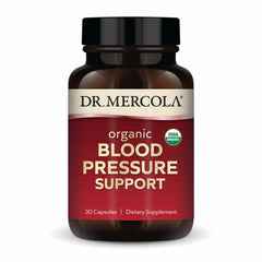 Dr. Mercola Organic Blood Pressure Support bottle highlighting grape seed extract for healthy circulation.