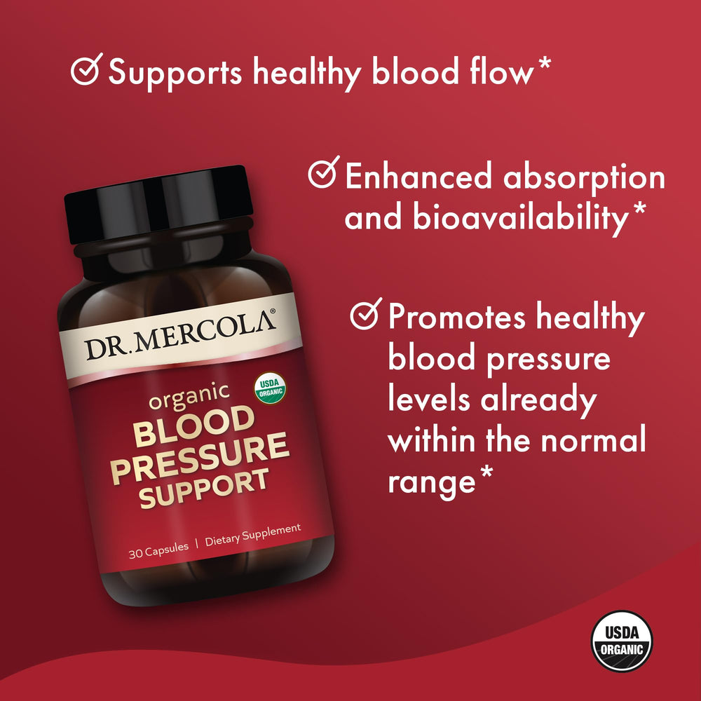 Packaging of Dr. Mercola Organic Blood Pressure Support emphasizing non-GMO and soy-free claims.