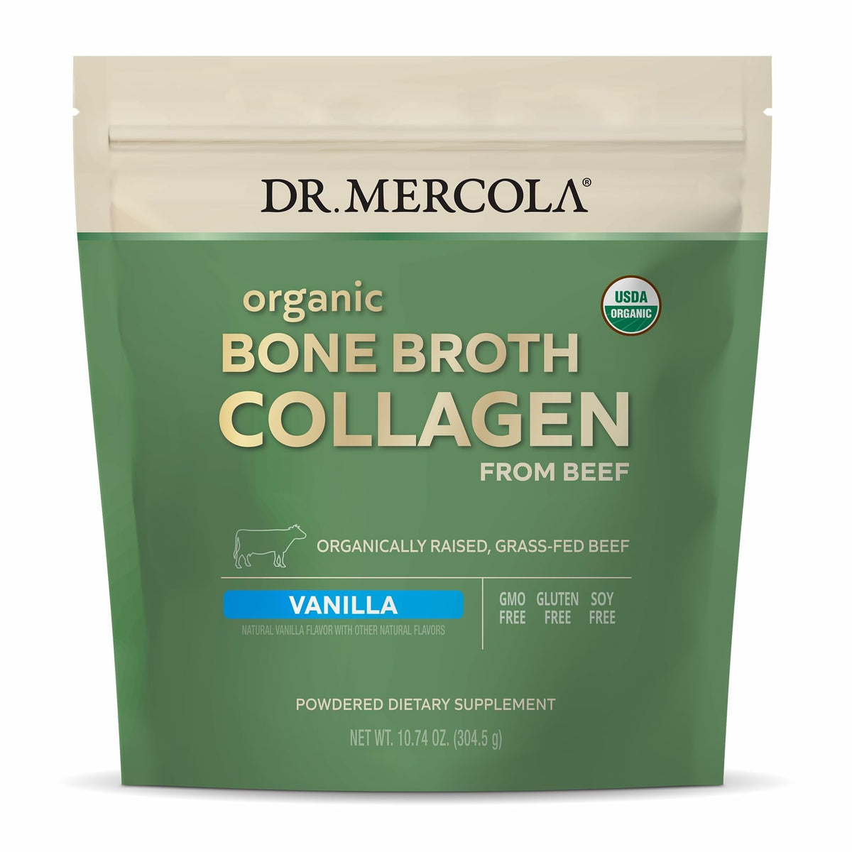 Dr Mercola Organic Bone Broth Collagen Powder vanilla tub for daily protein boost