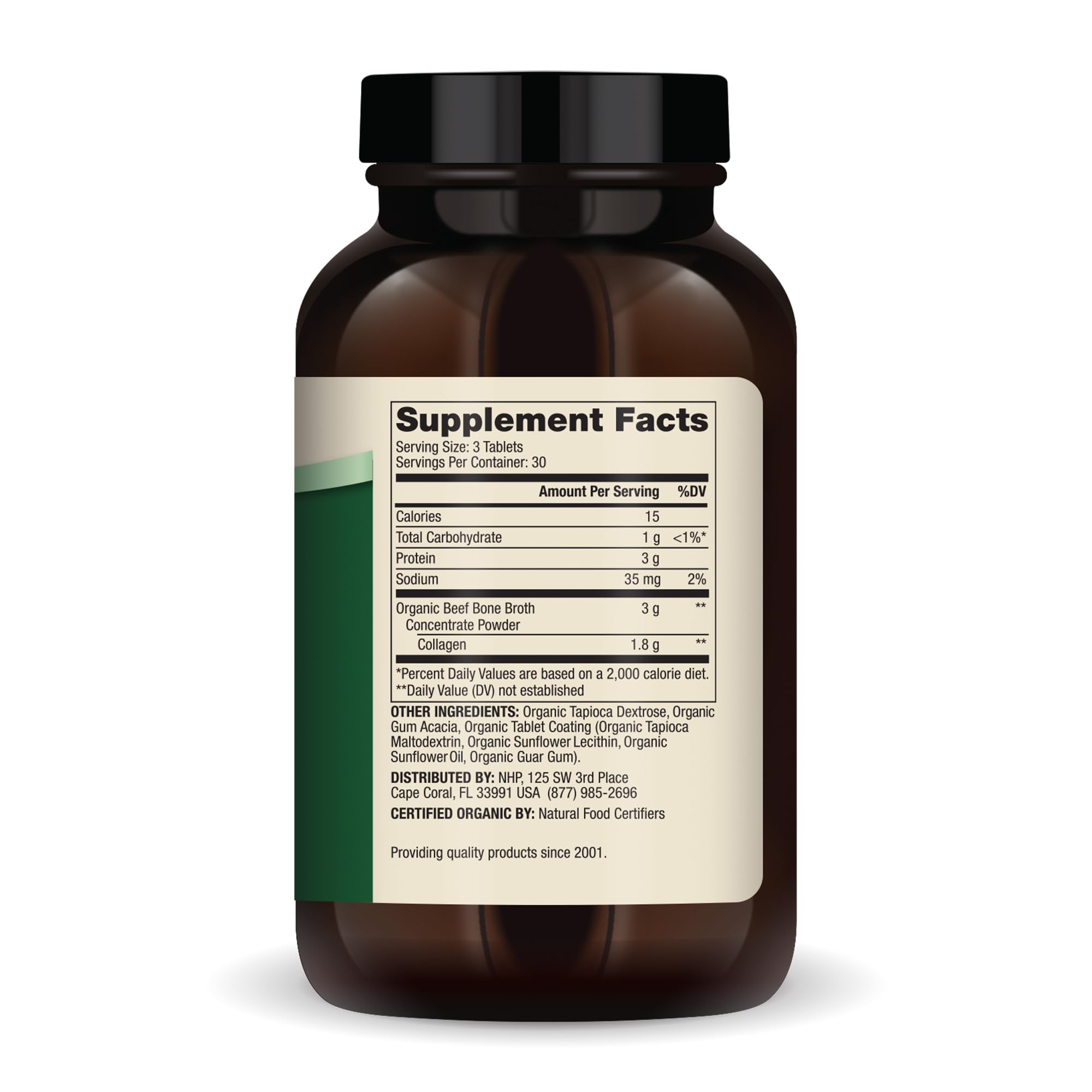 Close-up of Dr. Mercola Organic Bone Broth Collagen tablet highlighting compact, travel-friendly format.