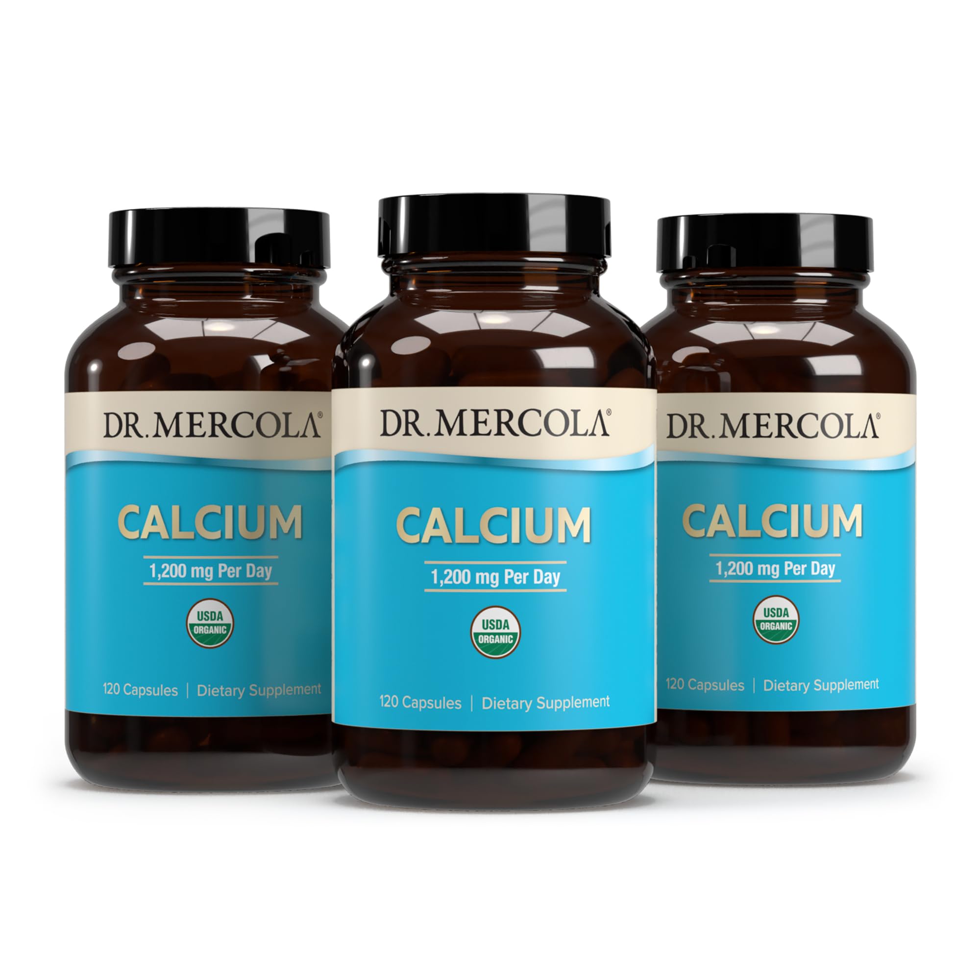 Dr. Mercola Organic Calcium label emphasizing USDA Organic and Non-GMO.