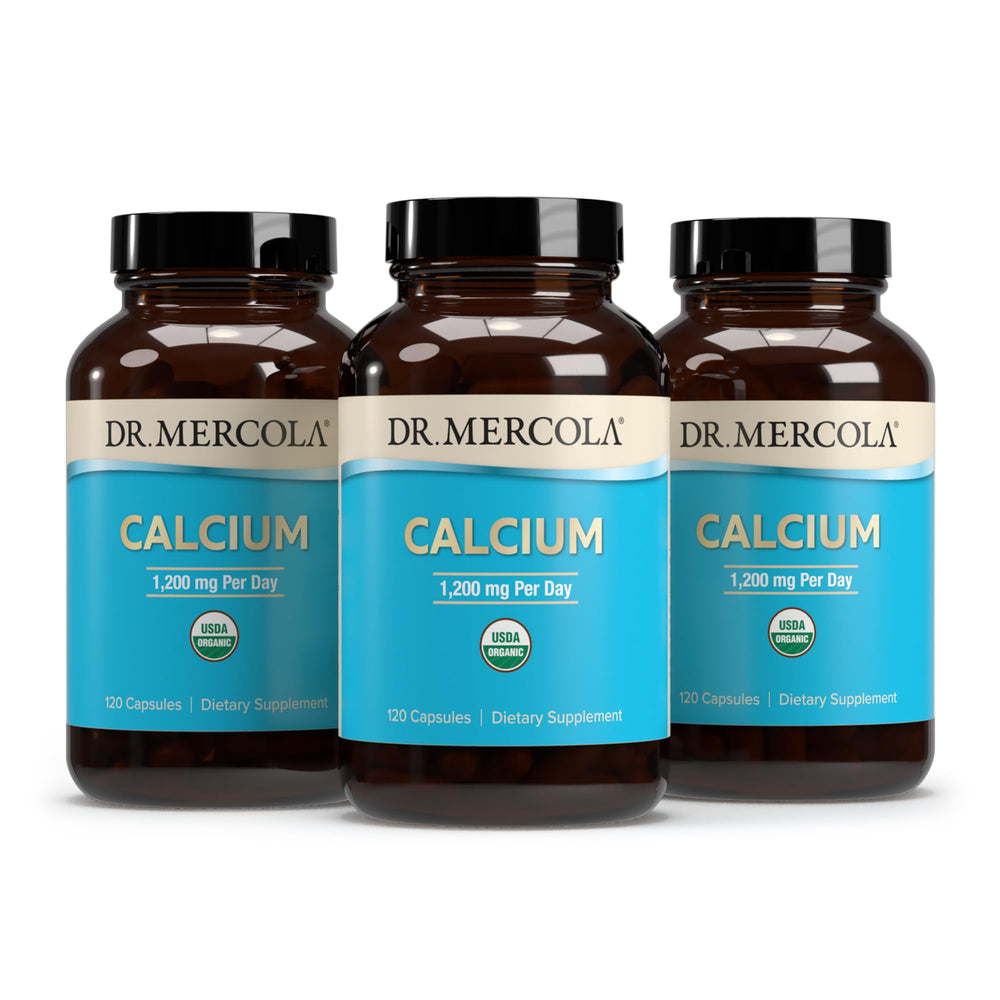 Dr. Mercola Organic Calcium label emphasizing USDA Organic and Non-GMO.