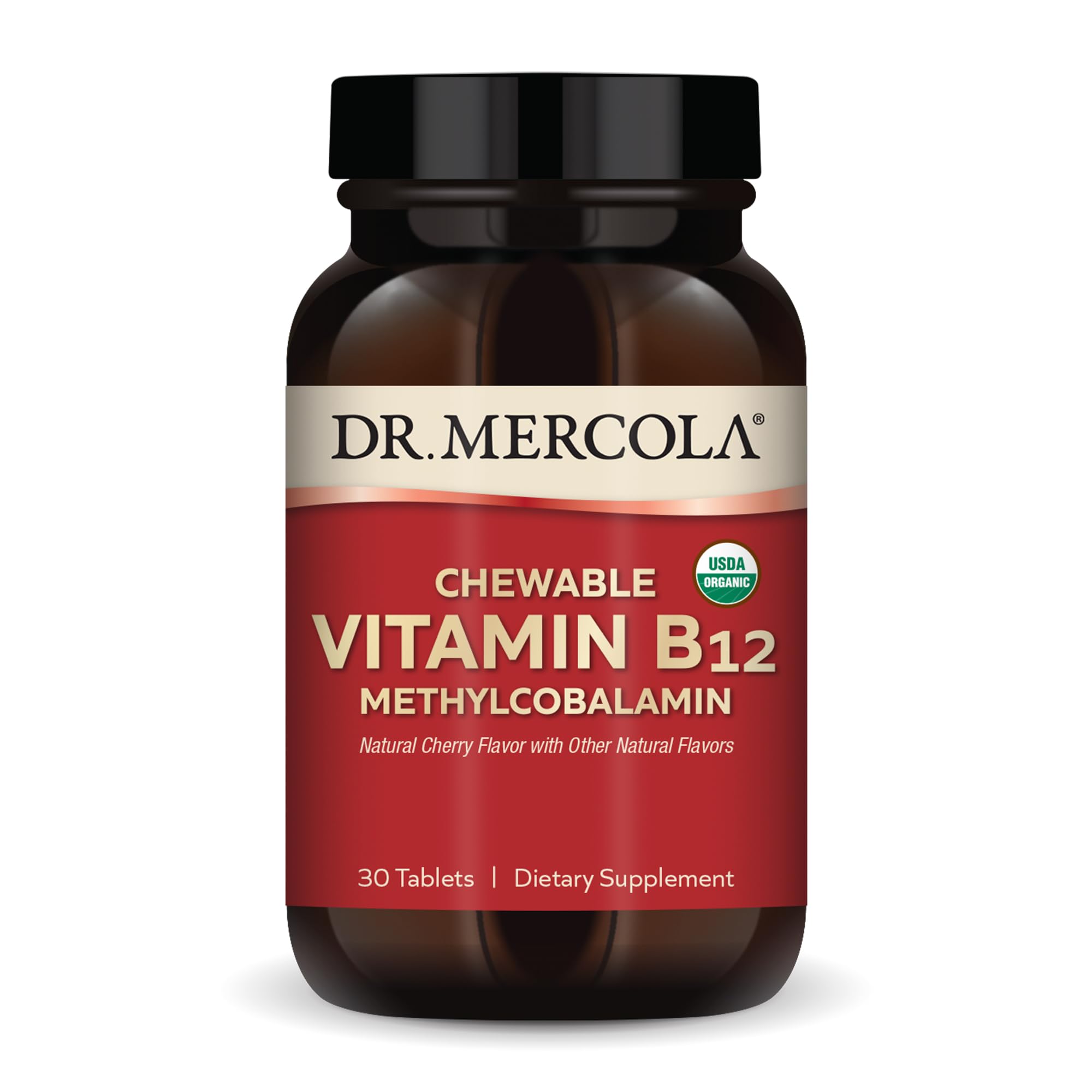 Dr. Mercola organic B12 chewable bottle label with organic certification