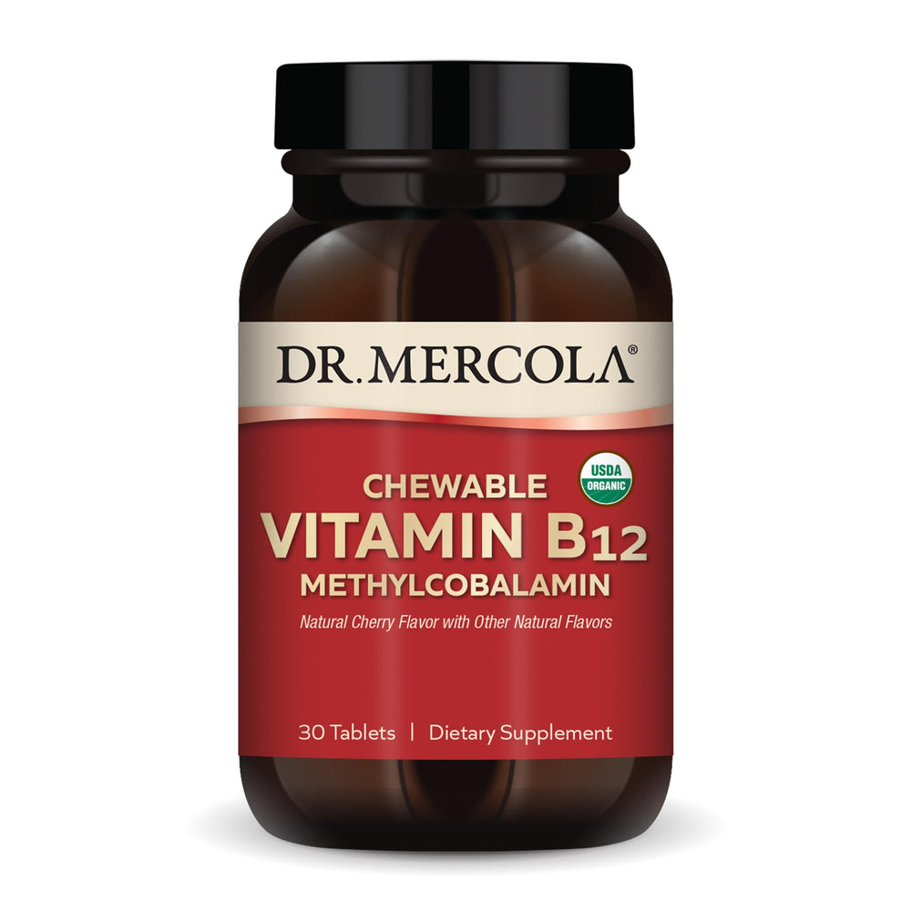 Dr. Mercola organic B12 chewable bottle label with organic certification