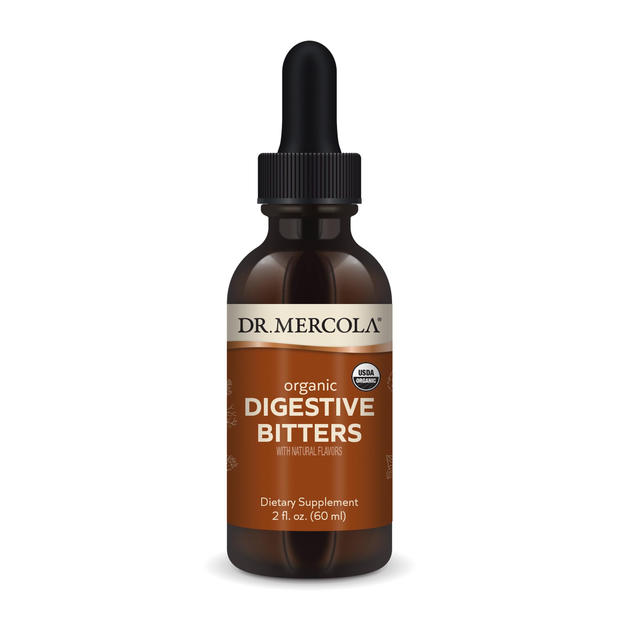 Dr. Mercola Organic Digestive Bitters bottle with label suggesting digestion support before meals