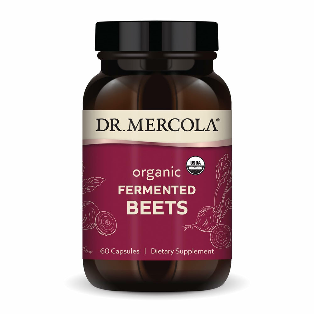 Dr. Mercola Organic Fermented Beets bottle supports daily activity with nitrates