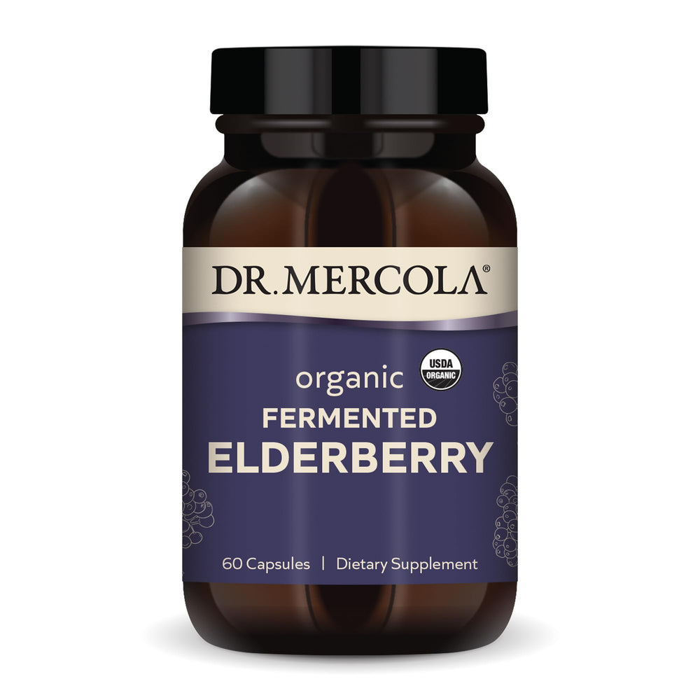 Dr. Mercola Organic Fermented Elderberry bottle with capsules for daily respiratory support.