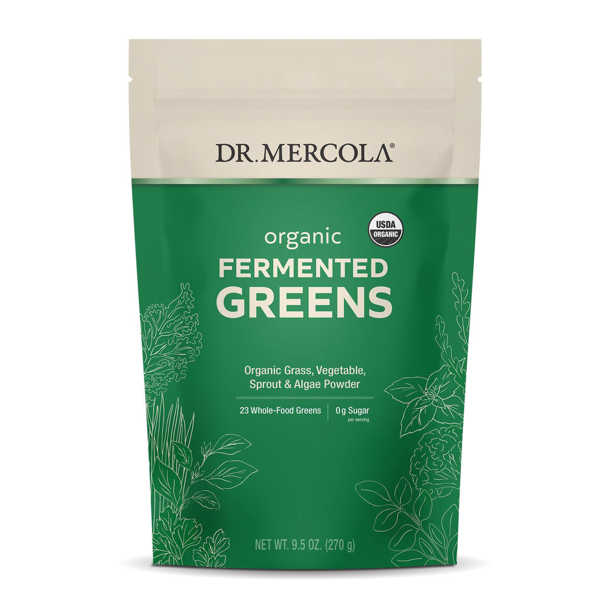 Dr. Mercola Organic Fermented Greens 90 servings container for easy daily greens