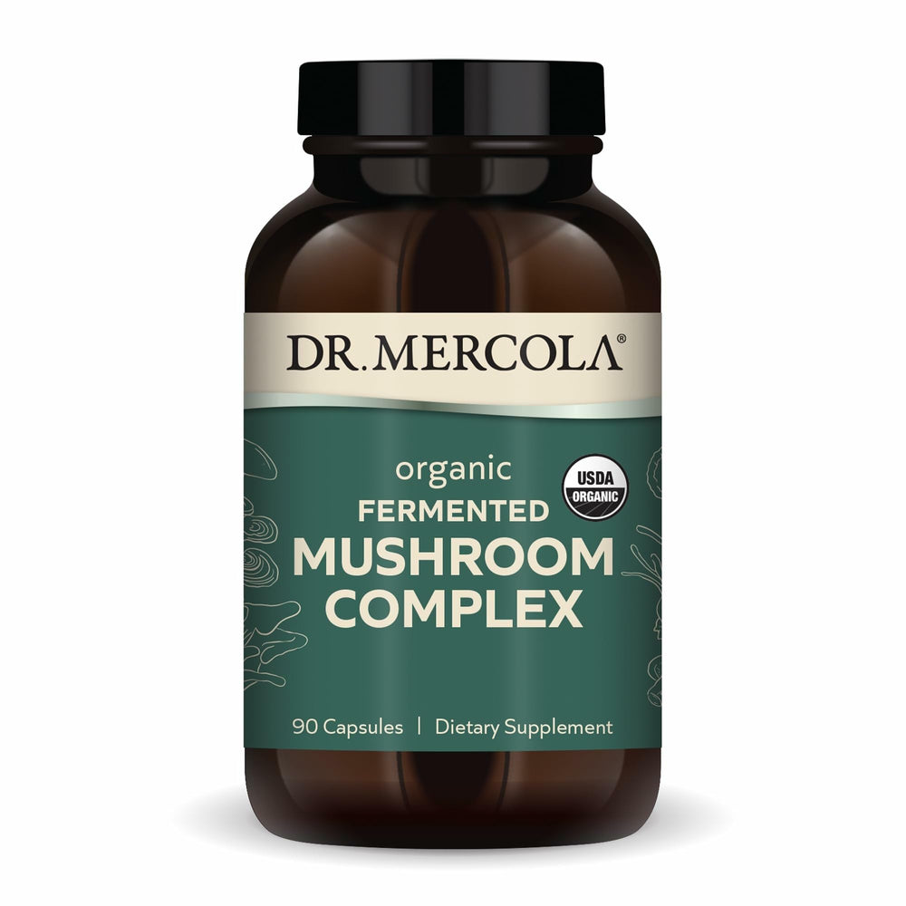 Dr. Mercola Organic Fermented Mushroom Complex bottle front highlighting immune-support features