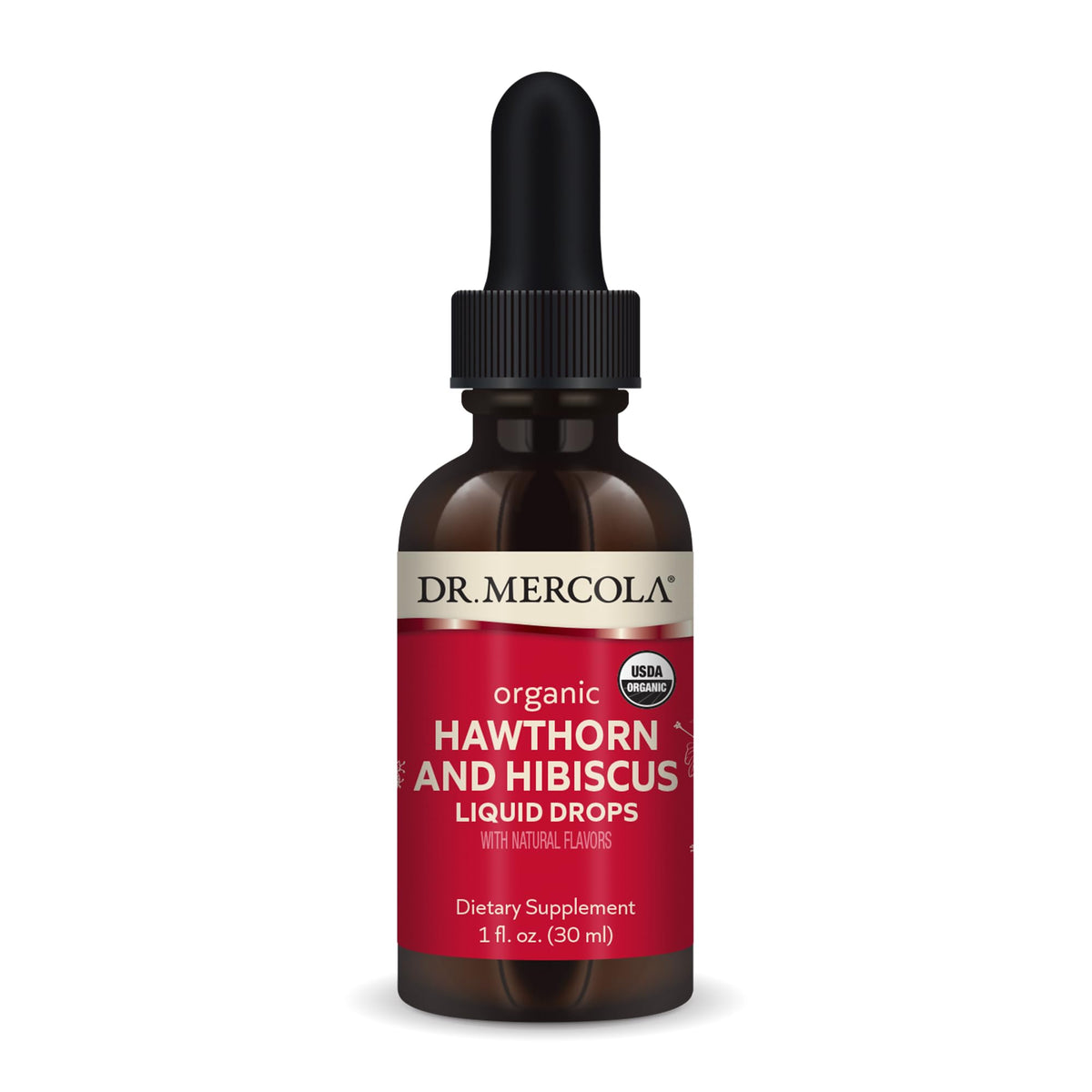 Dr. Mercola Hawthorn Hibiscus liquid drops bottle with clear label for daily use.