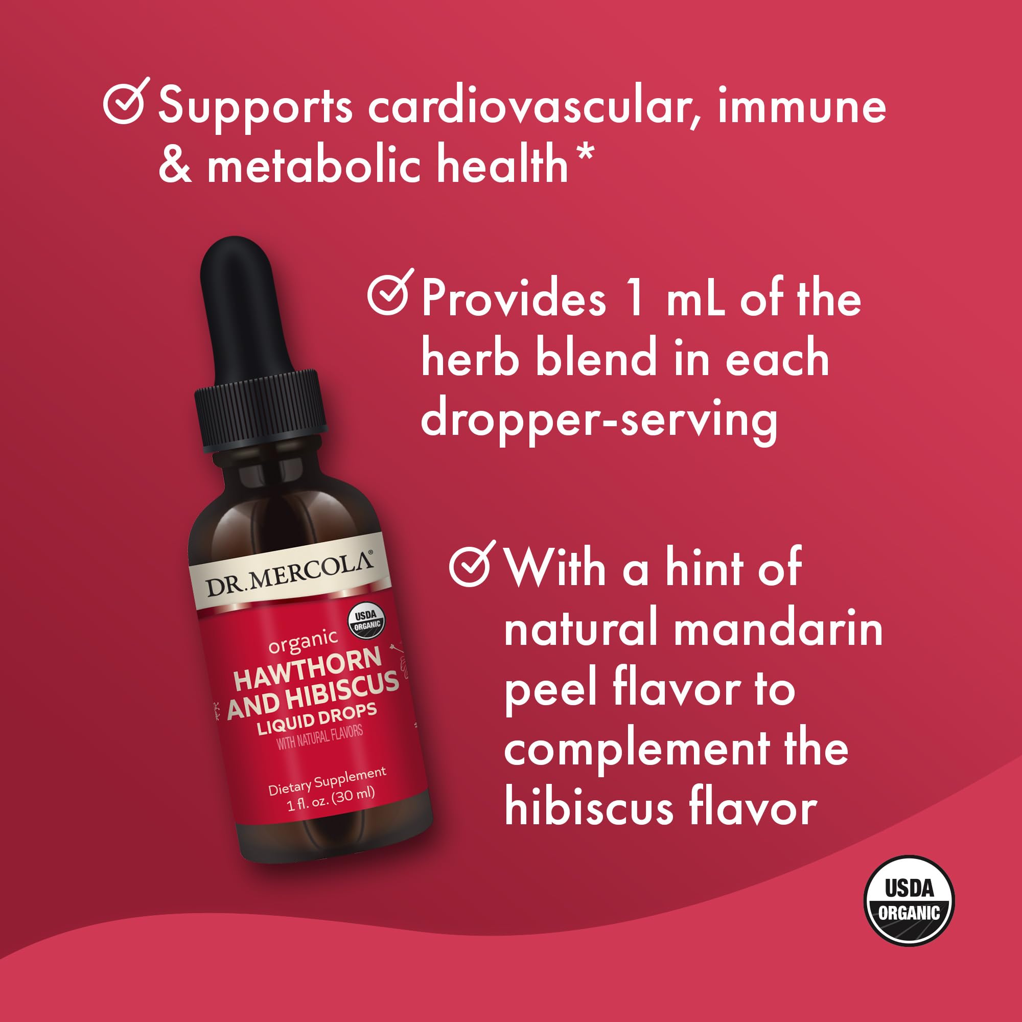 USDA Organic badge on Dr. Mercola Hawthorn Hibiscus liquid drops label.