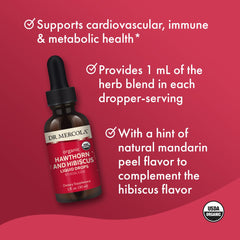 USDA Organic badge on Dr. Mercola Hawthorn Hibiscus liquid drops label.