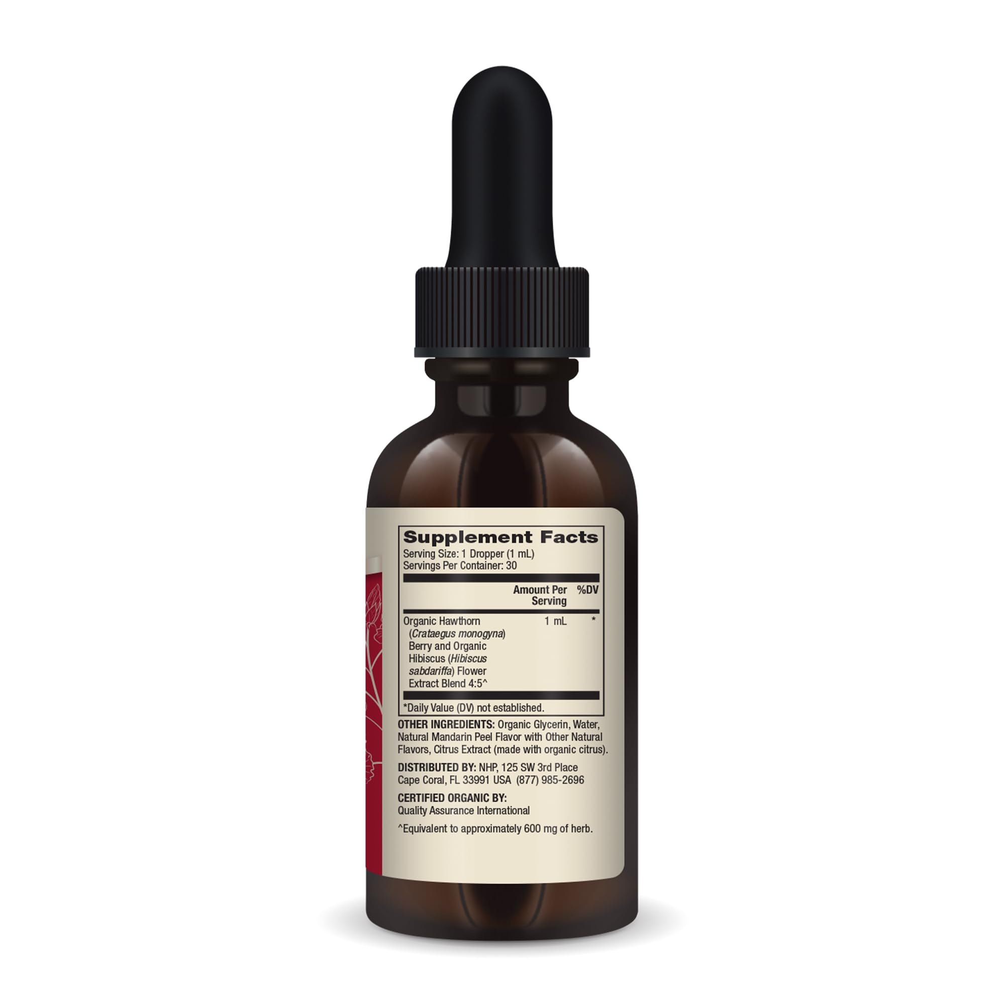 Dr. Mercola Hawthorn Hibiscus drops pour showing alcohol-free extraction.